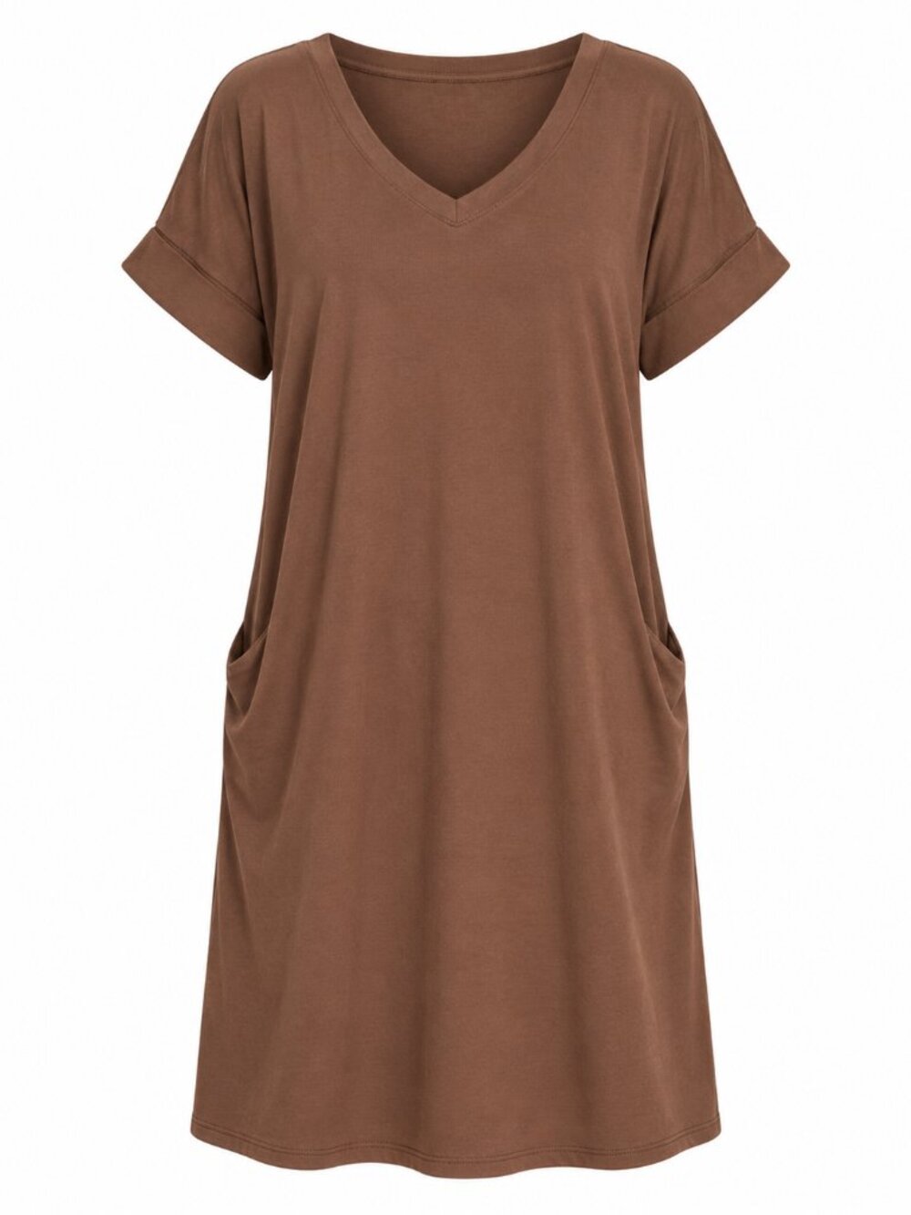 Brushed Dty Rolled Short Sleeve V-neck Dress in Brown - Picture 2 of 2